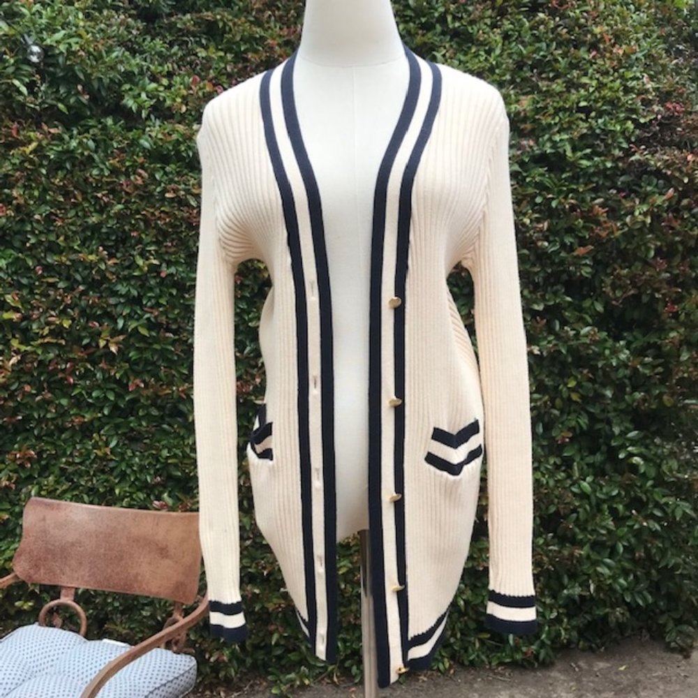 CAbi Ribbed V-Neck Cardigan Cream with Black Trim -  Sz Small